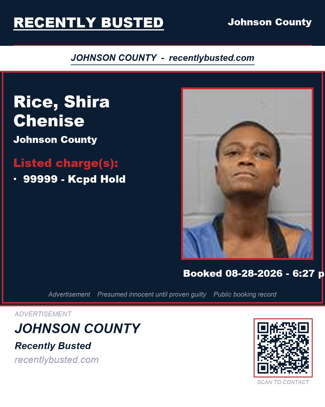 RICE, SHIRA CHENISE — arrest record card, Johnson County, Missouri