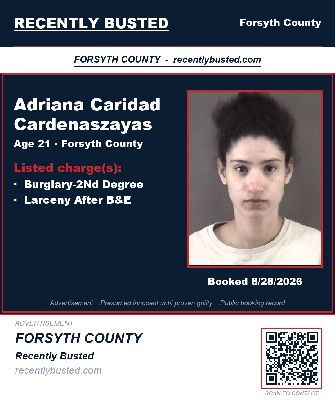 ADRIANA CARIDAD CARDENASZAYAS — arrest record card, Forsyth County, North Carolina
