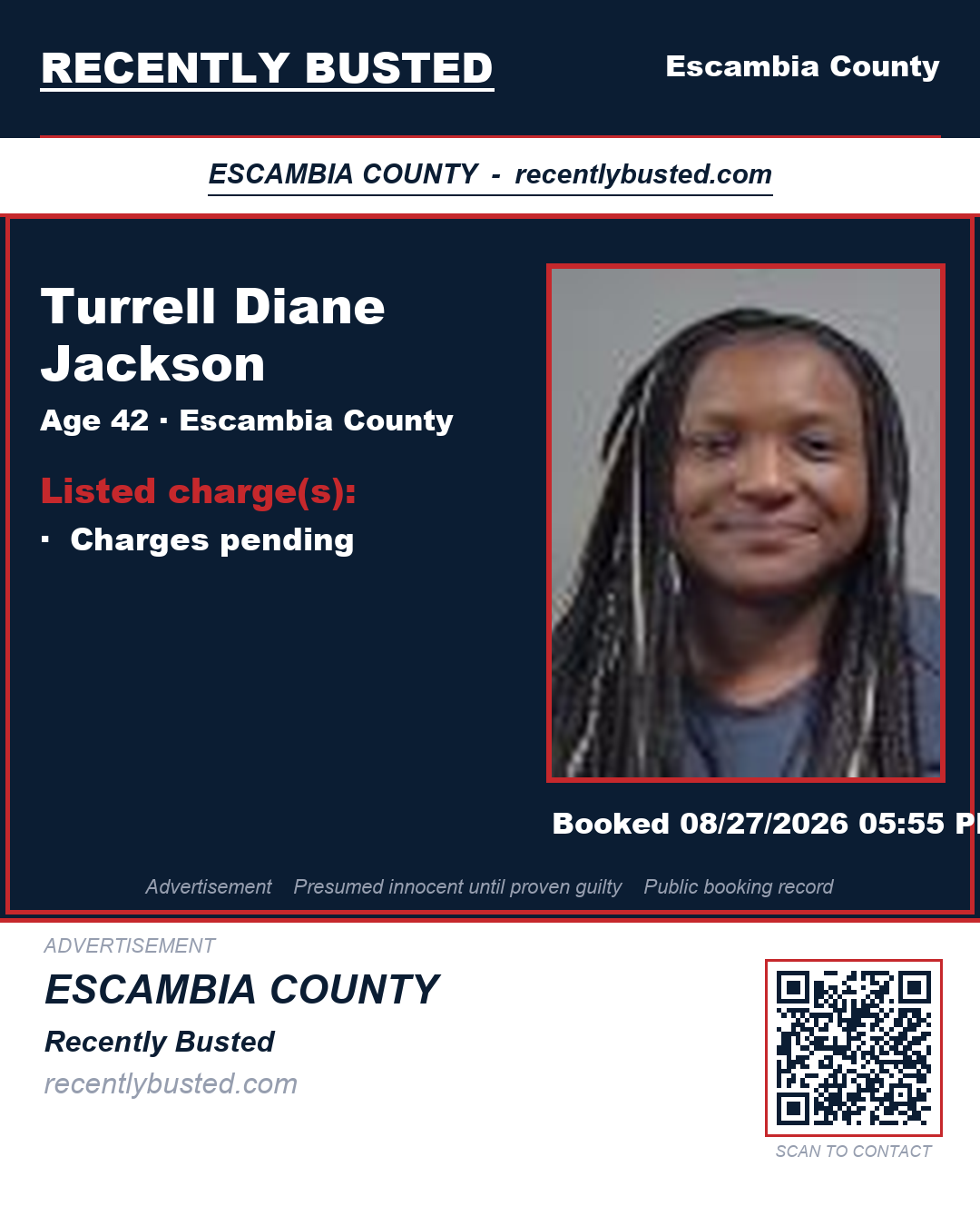 Turrell Diane Jackson — arrest record card, Escambia County, Florida