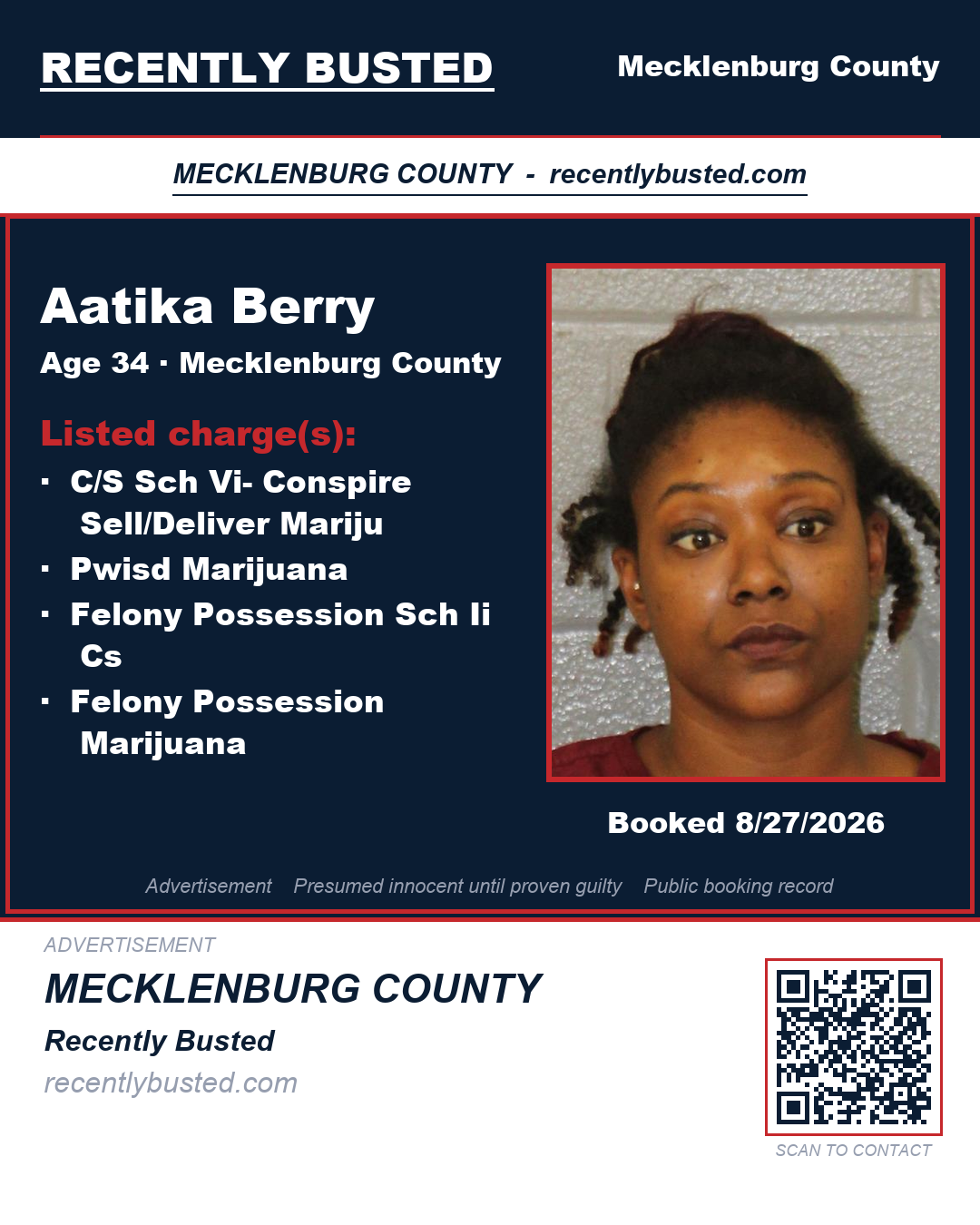AATIKA BERRY — arrest record card, Mecklenburg County, North Carolina