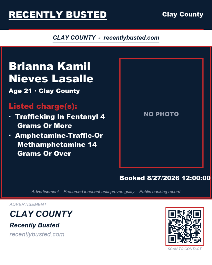 BRIANNA KAMIL NIEVES LASALLE — arrest record card, Clay County, Florida