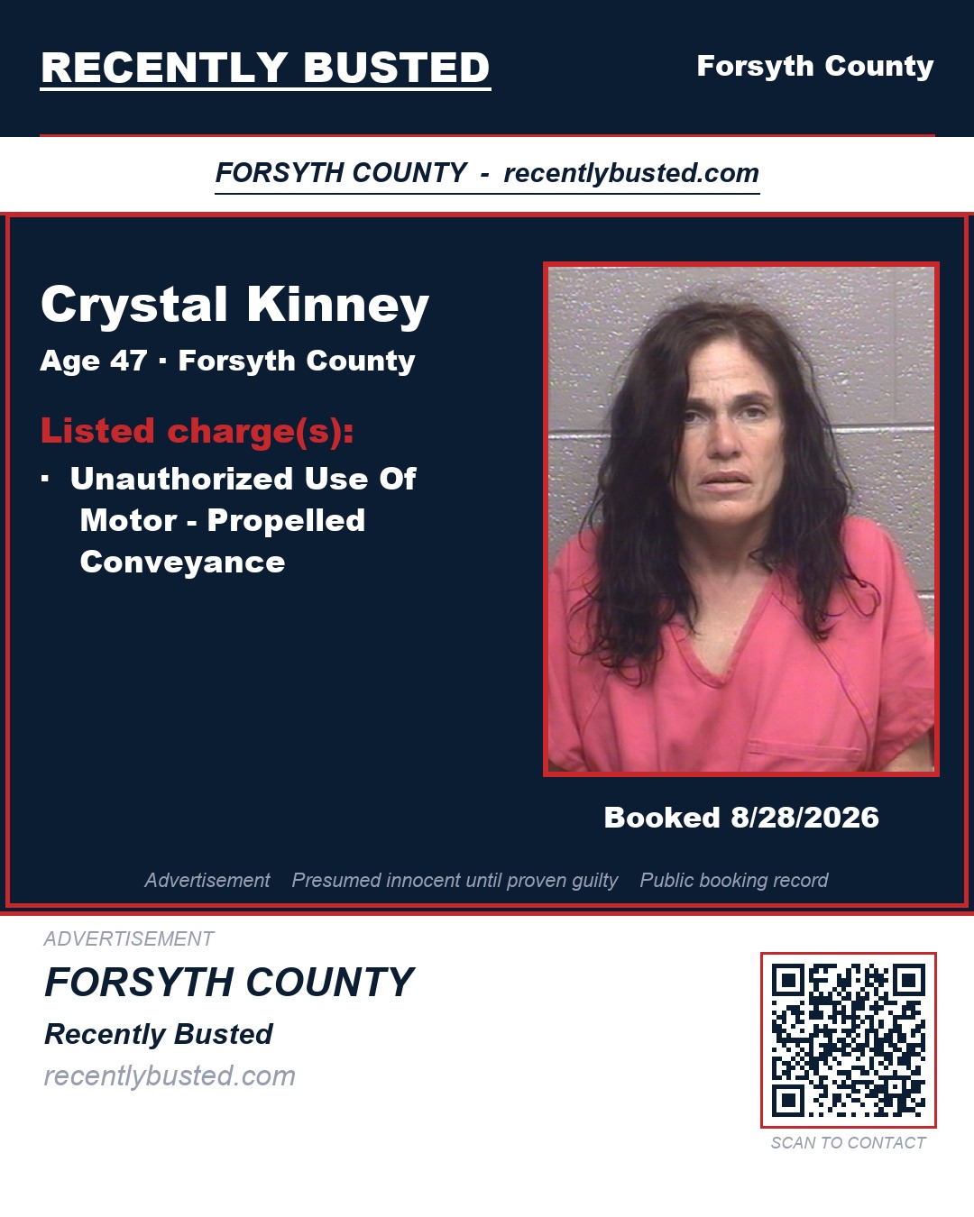CRYSTAL KINNEY — arrest record card, Forsyth County, North Carolina
