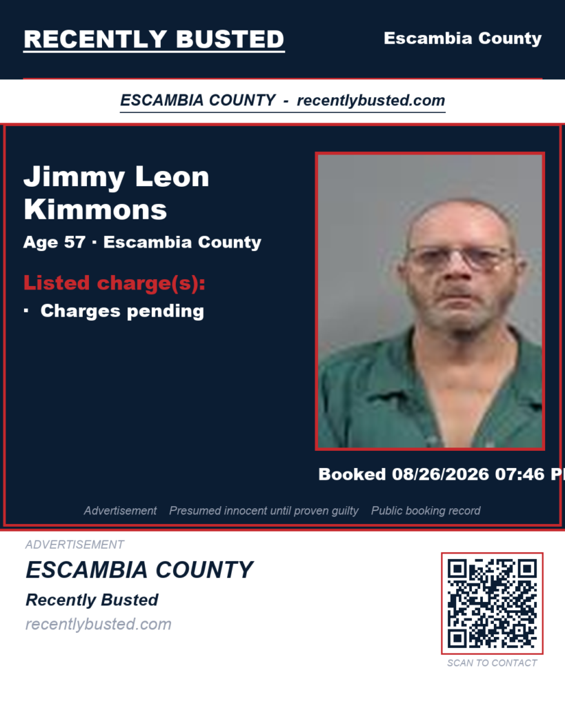 Jimmy Leon Kimmons — arrest record card, Escambia County, Florida