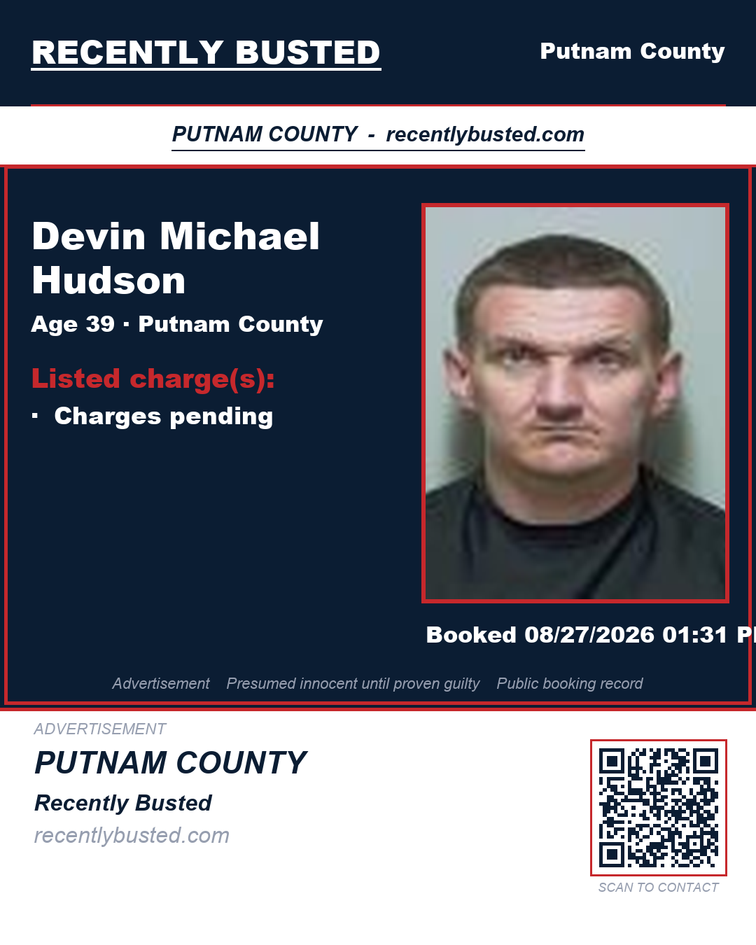 Devin Michael Hudson — arrest record card, Putnam County, Florida