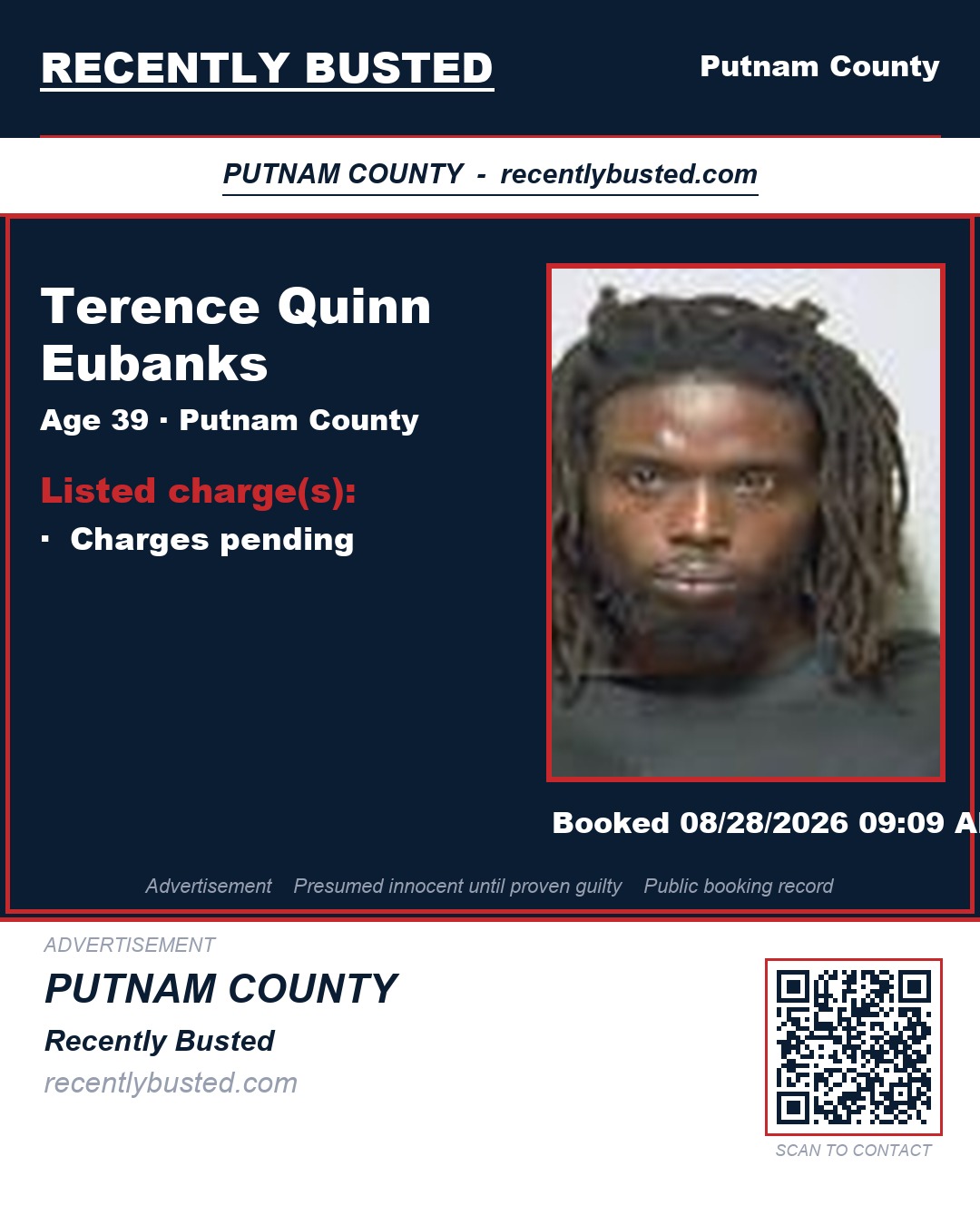 Terence Quinn Eubanks — arrest record card, Putnam County, Florida