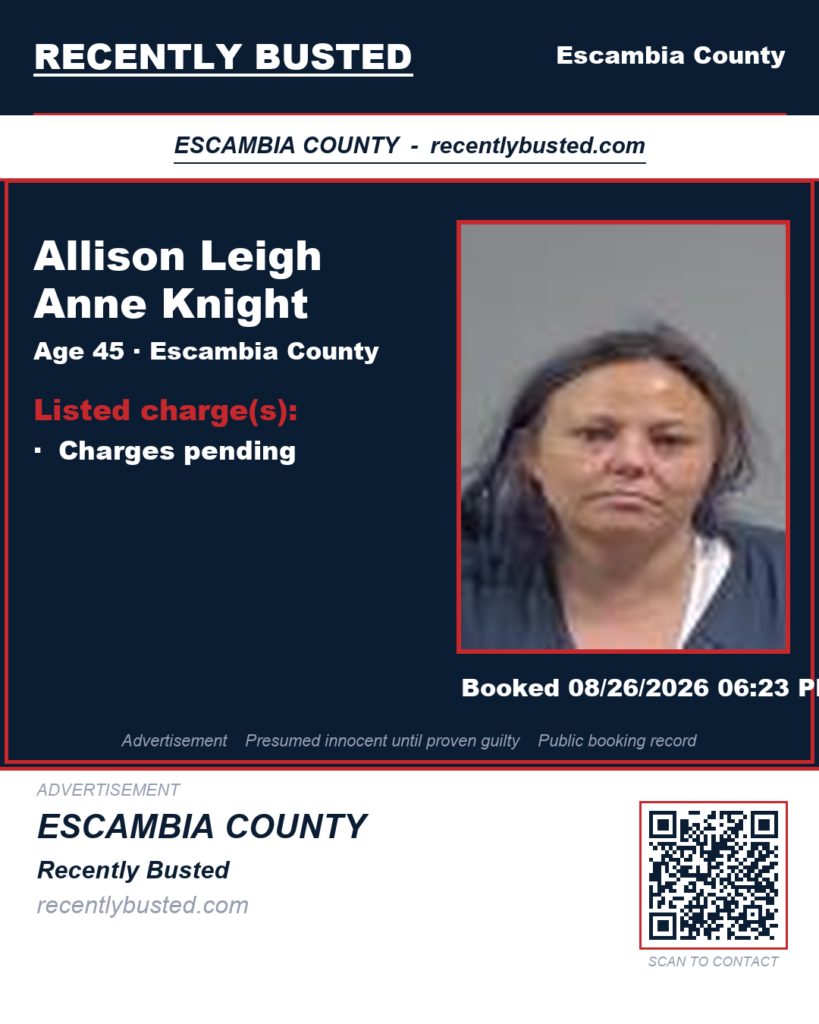 Allison Leigh Anne Knight — arrest record card, Escambia County, Florida