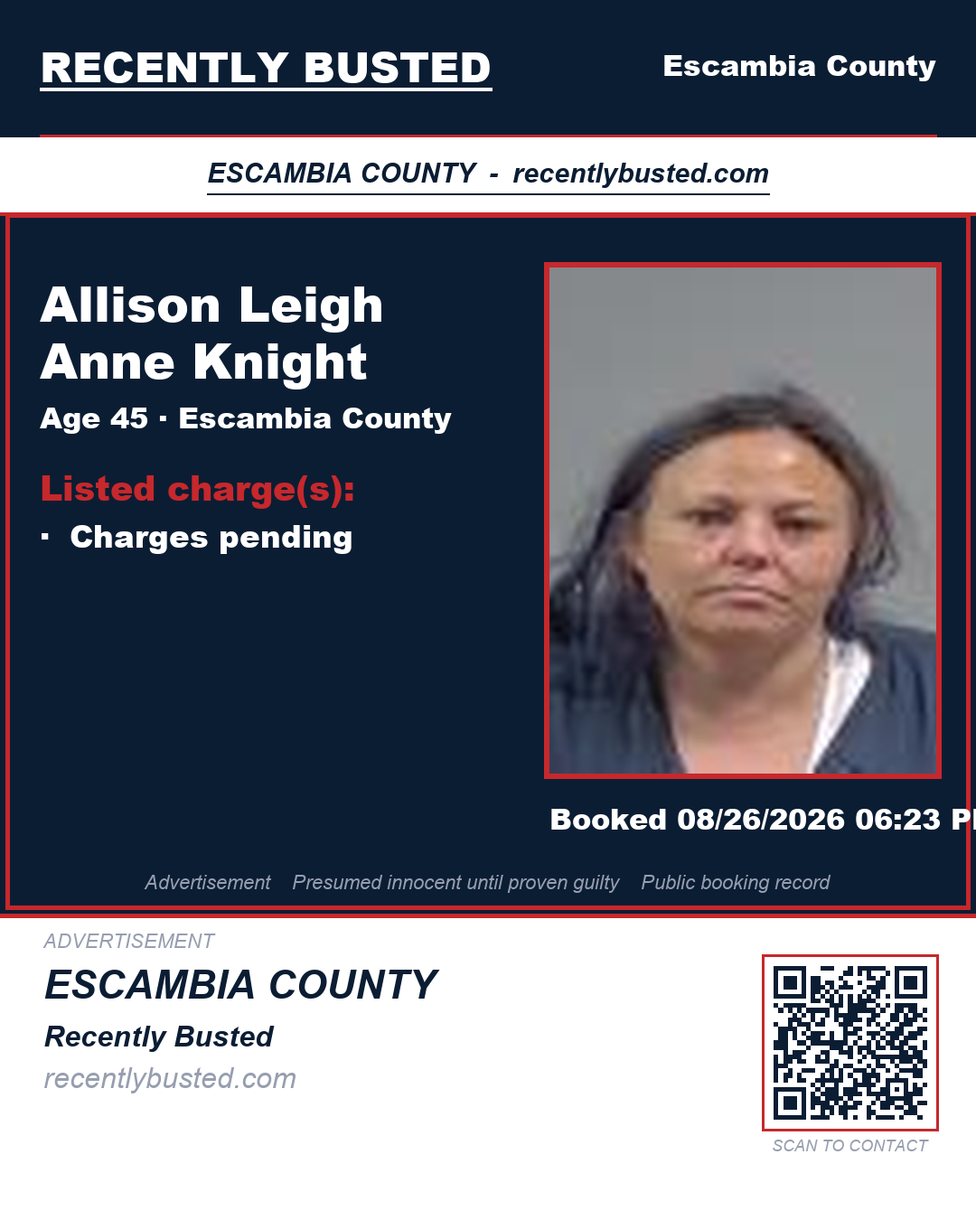 Allison Leigh Anne Knight — arrest record card, Escambia County, Florida