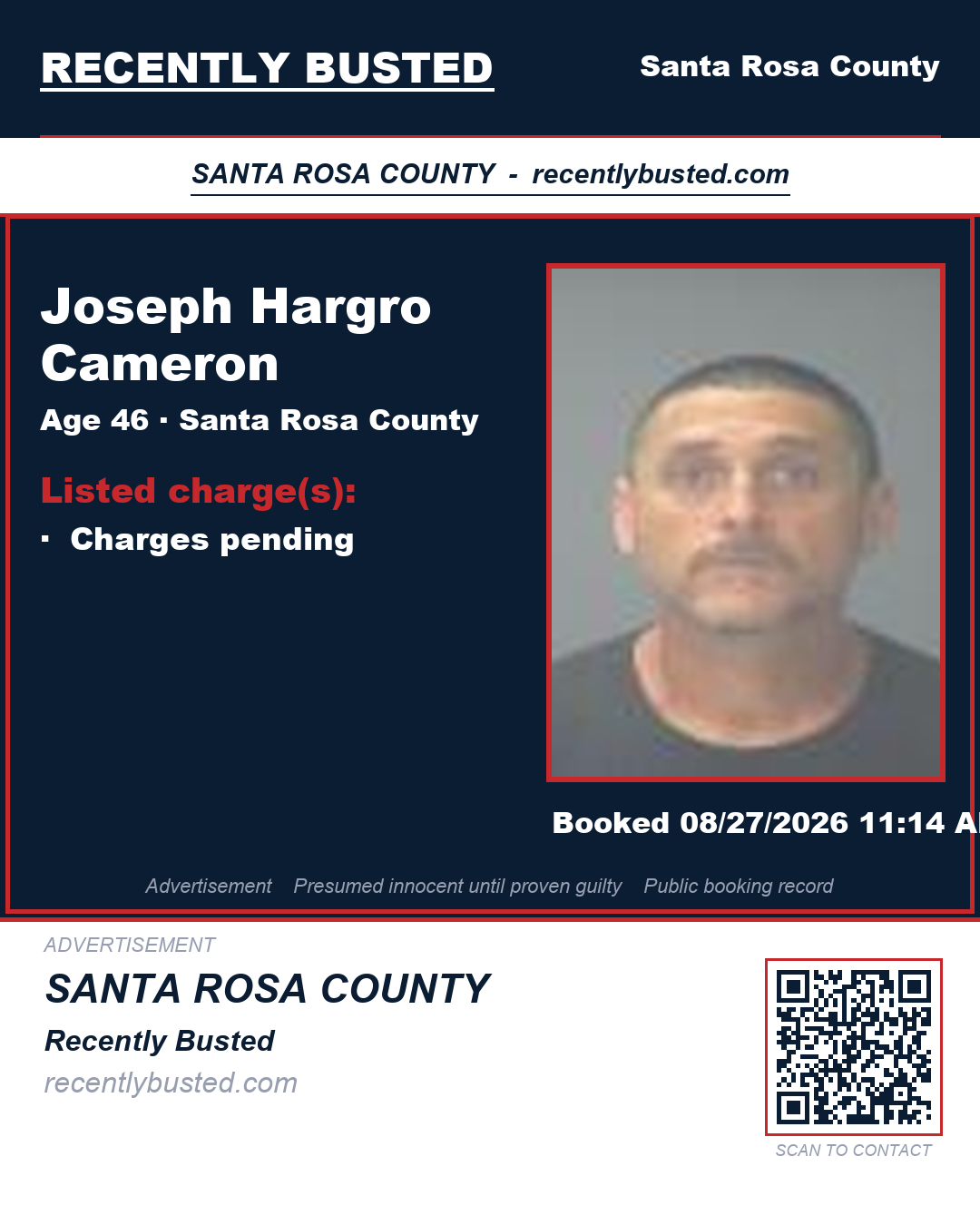 Joseph Hargro Cameron — arrest record card, Santa Rosa County, Florida