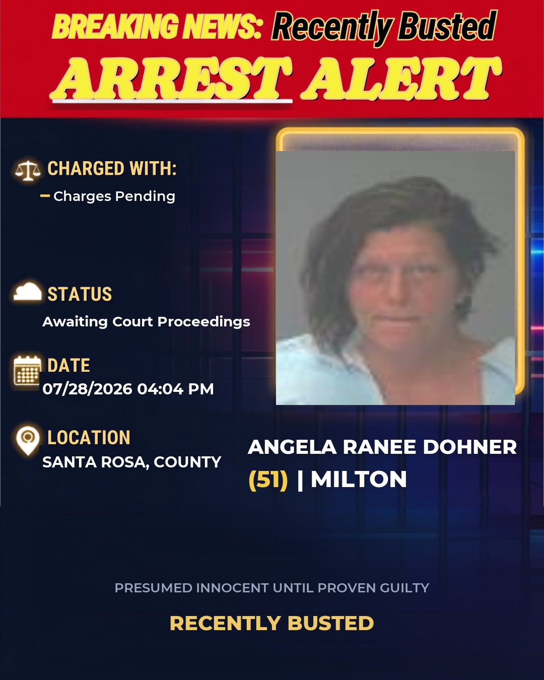 Angela Ranee Dohner — arrest record card, Santarosa County
