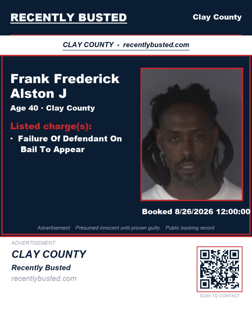 FRANK FREDERICK ALSTON J — arrest record card, Clay County, Florida