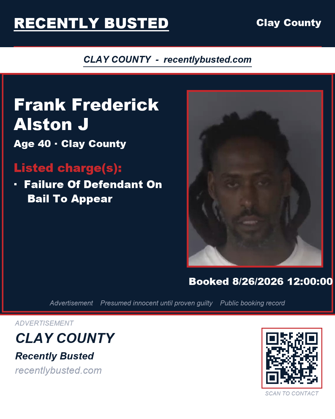 FRANK FREDERICK ALSTON J — arrest record card, Clay County, Florida