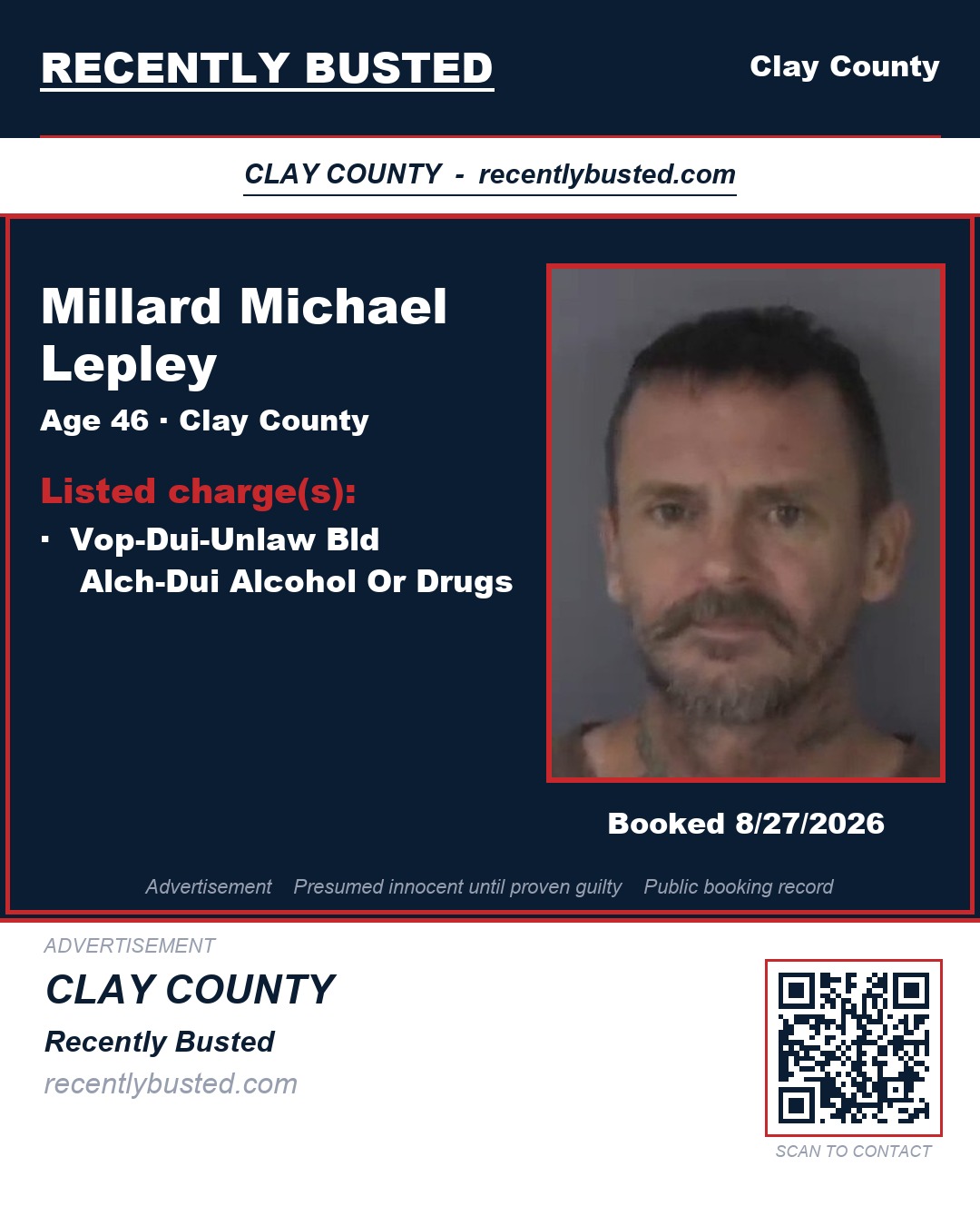 MILLARD MICHAEL LEPLEY — arrest record card, Clay County, Florida