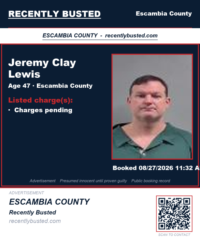 Jeremy Clay Lewis — arrest record card, Escambia County, Florida