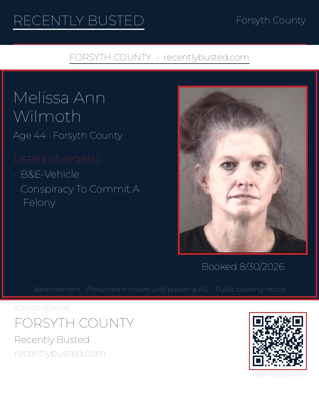 MELISSA ANN WILMOTH — arrest record card, Forsyth County, North Carolina