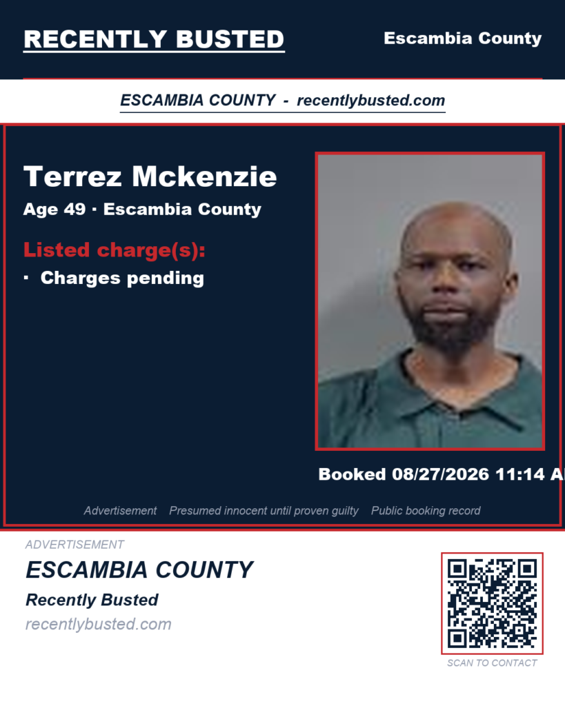 Terrez Mckenzie — arrest record card, Escambia County, Florida