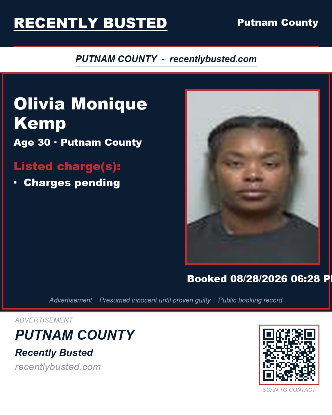 Olivia Monique Kemp — arrest record card, Putnam County, Florida