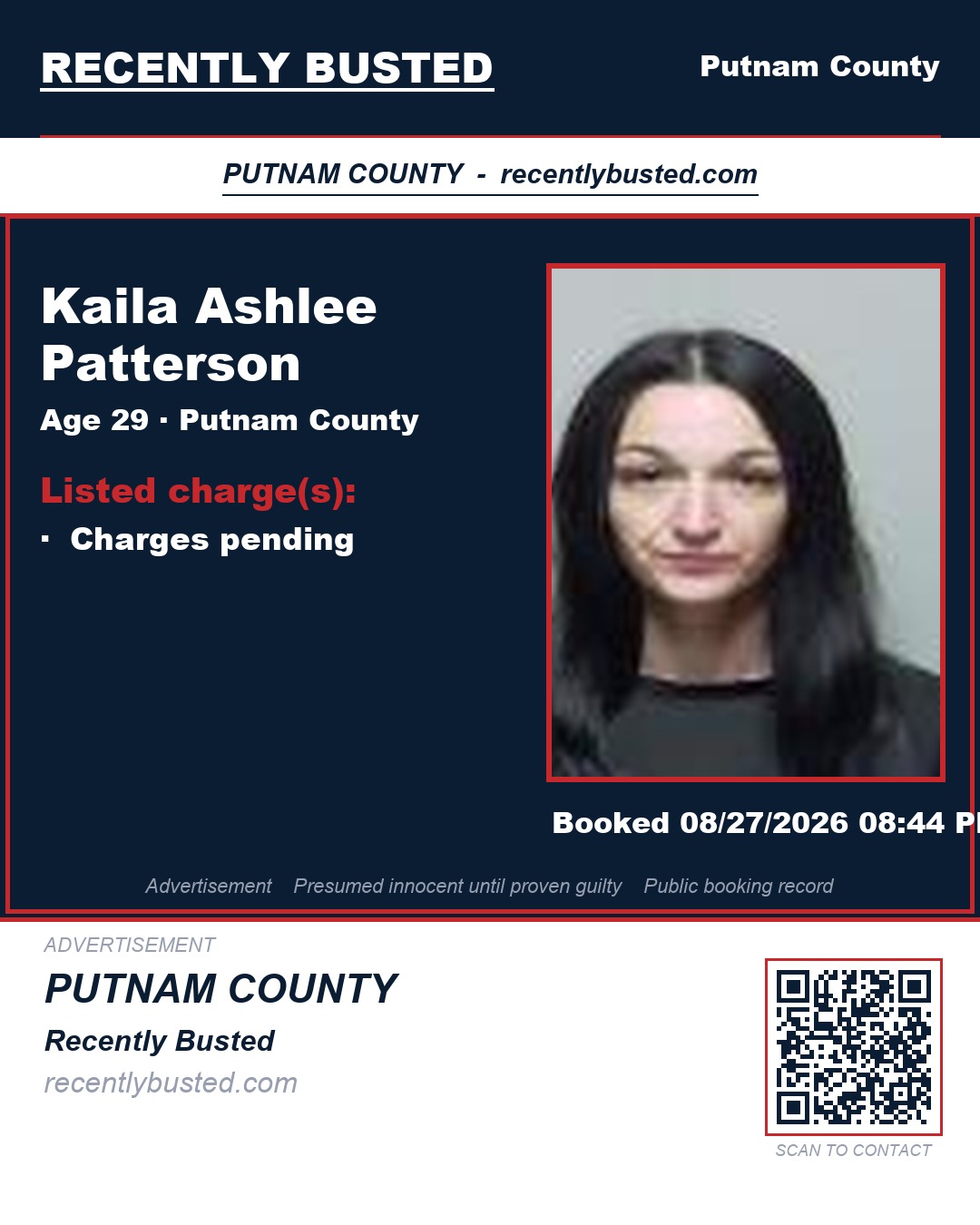 Kaila Ashlee Patterson — arrest record card, Putnam County, Florida