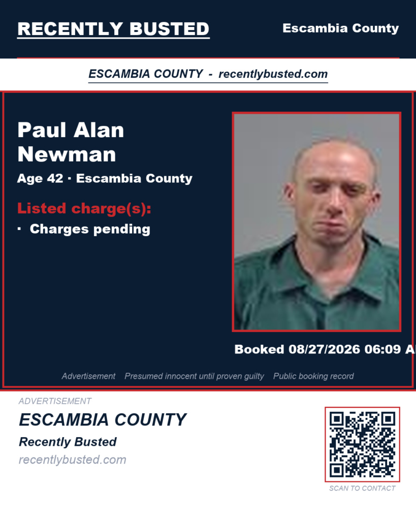 Paul Alan Newman — arrest record card, Escambia County, Florida