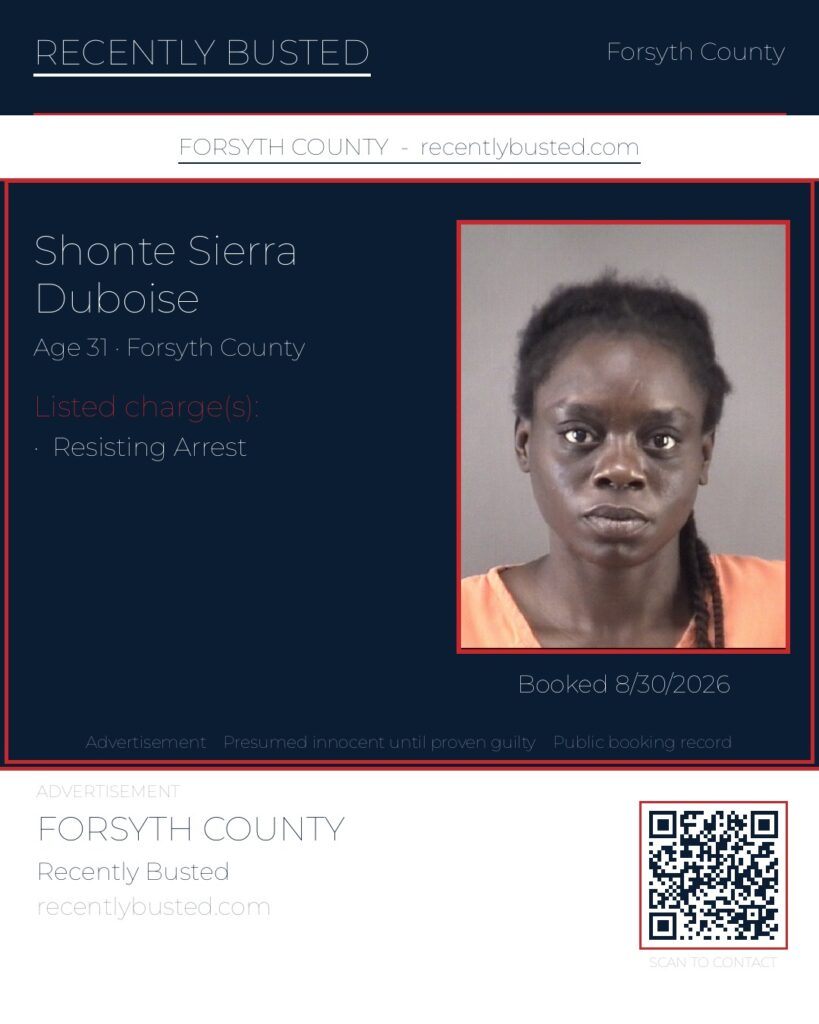 SHONTE SIERRA DUBOISE — arrest record card, Forsyth County, North Carolina