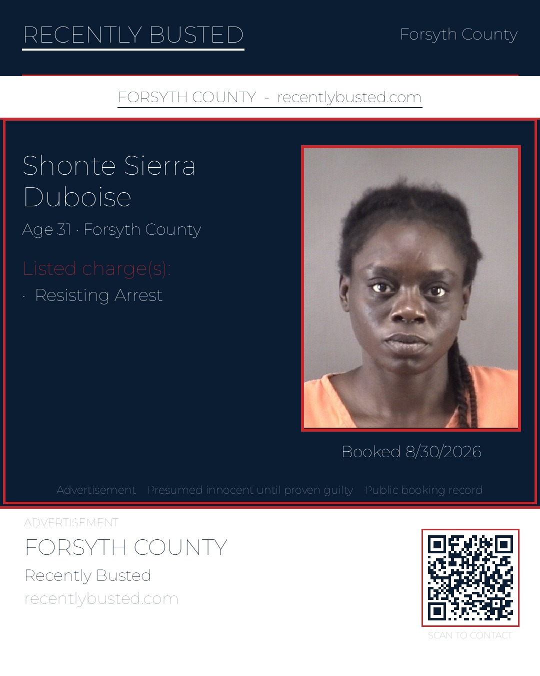 SHONTE SIERRA DUBOISE — arrest record card, Forsyth County, North Carolina