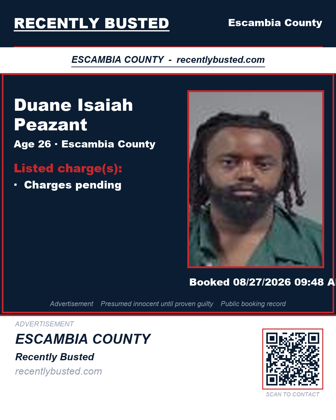 Duane Isaiah Peazant — arrest record card, Escambia County, Florida
