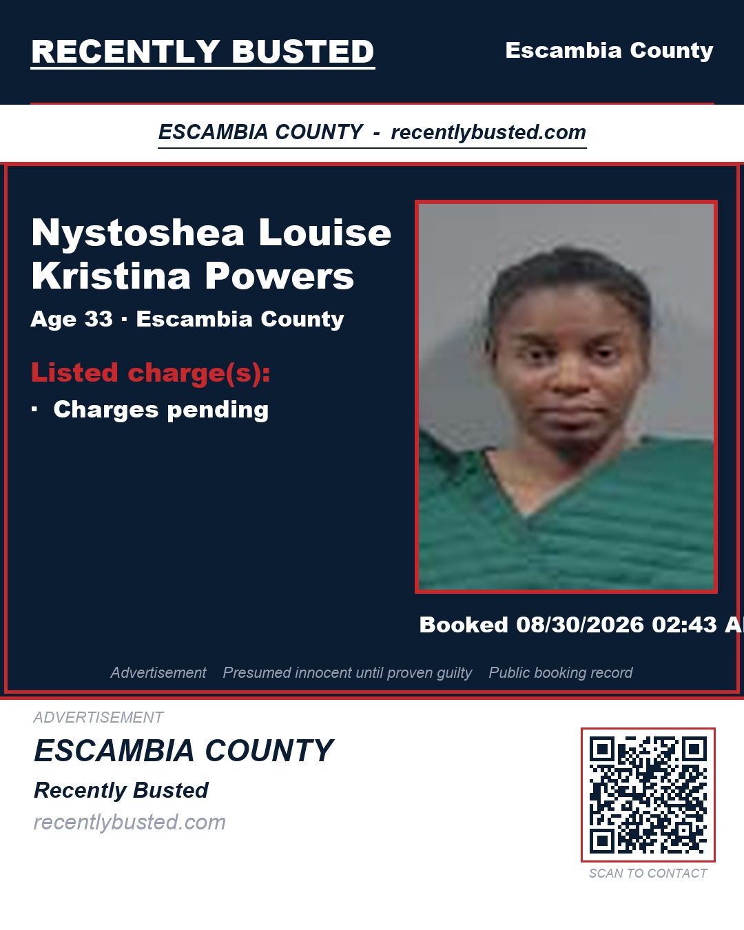 Nystoshea Louise Kristina Powers — arrest record card, Escambia County, Florida