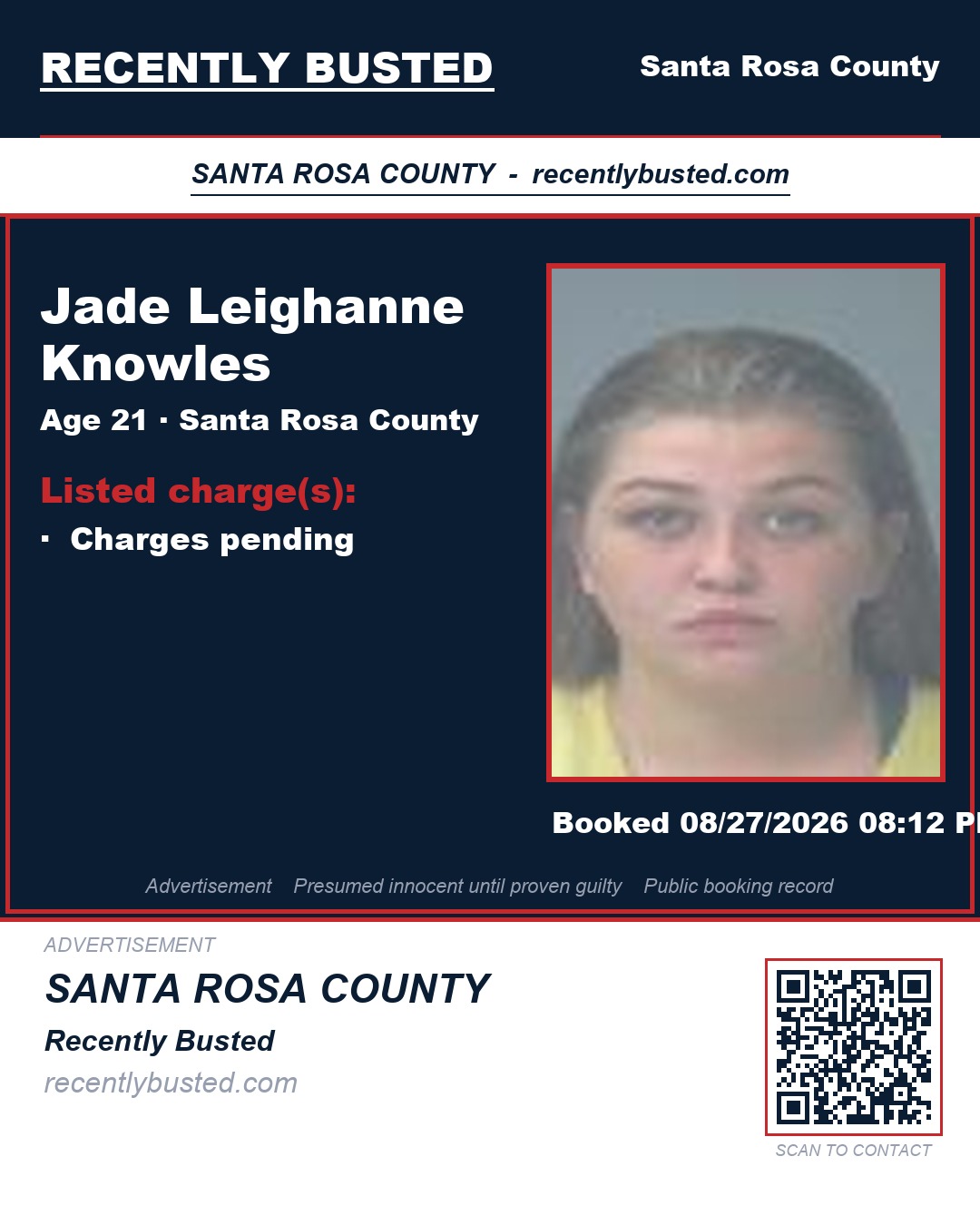 Jade Leighanne Knowles — arrest record card, Santa Rosa County, Florida