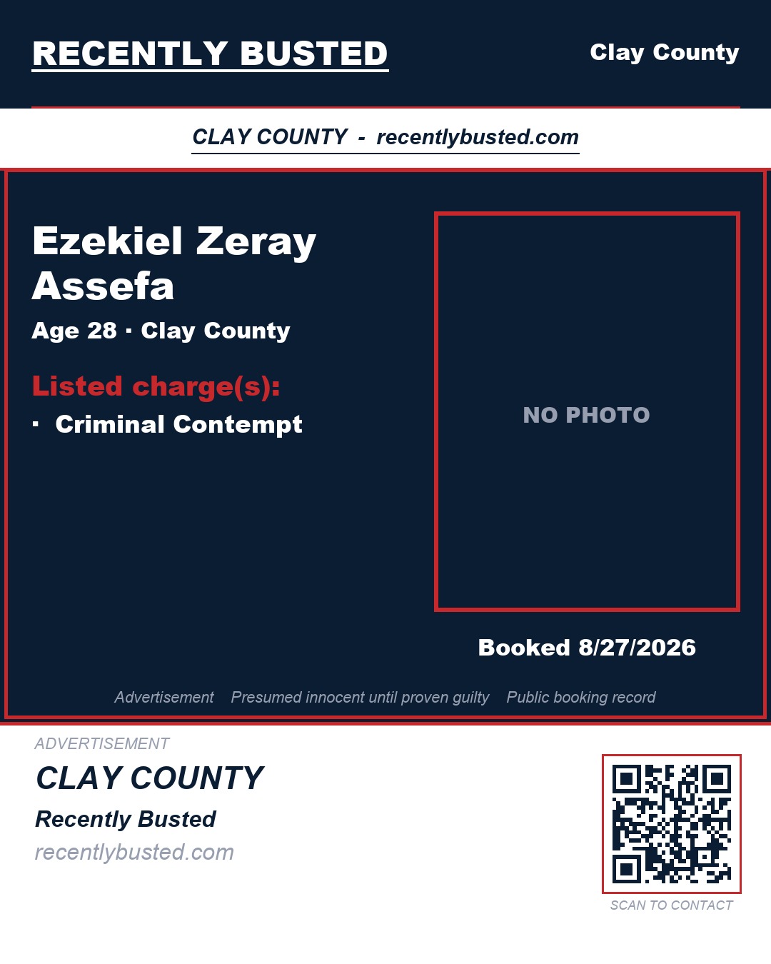 EZEKIEL ZERAY ASSEFA — arrest record card, Clay County, Florida