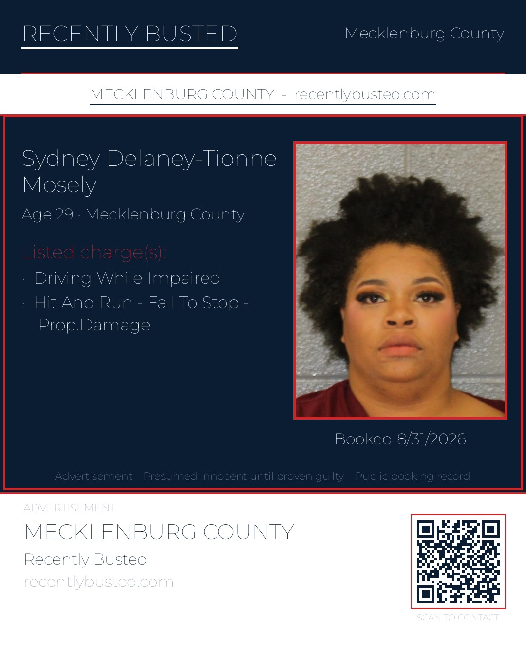 SYDNEY DELANEY-TIONNE MOSELY — arrest record card, Mecklenburg County, North Carolina