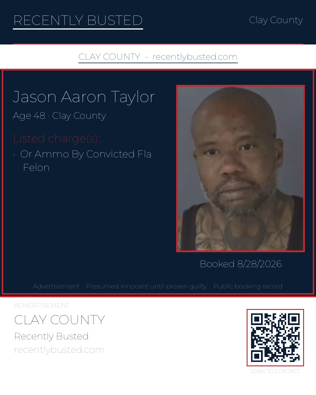 JASON AARON TAYLOR — arrest record card, Clay County, Florida