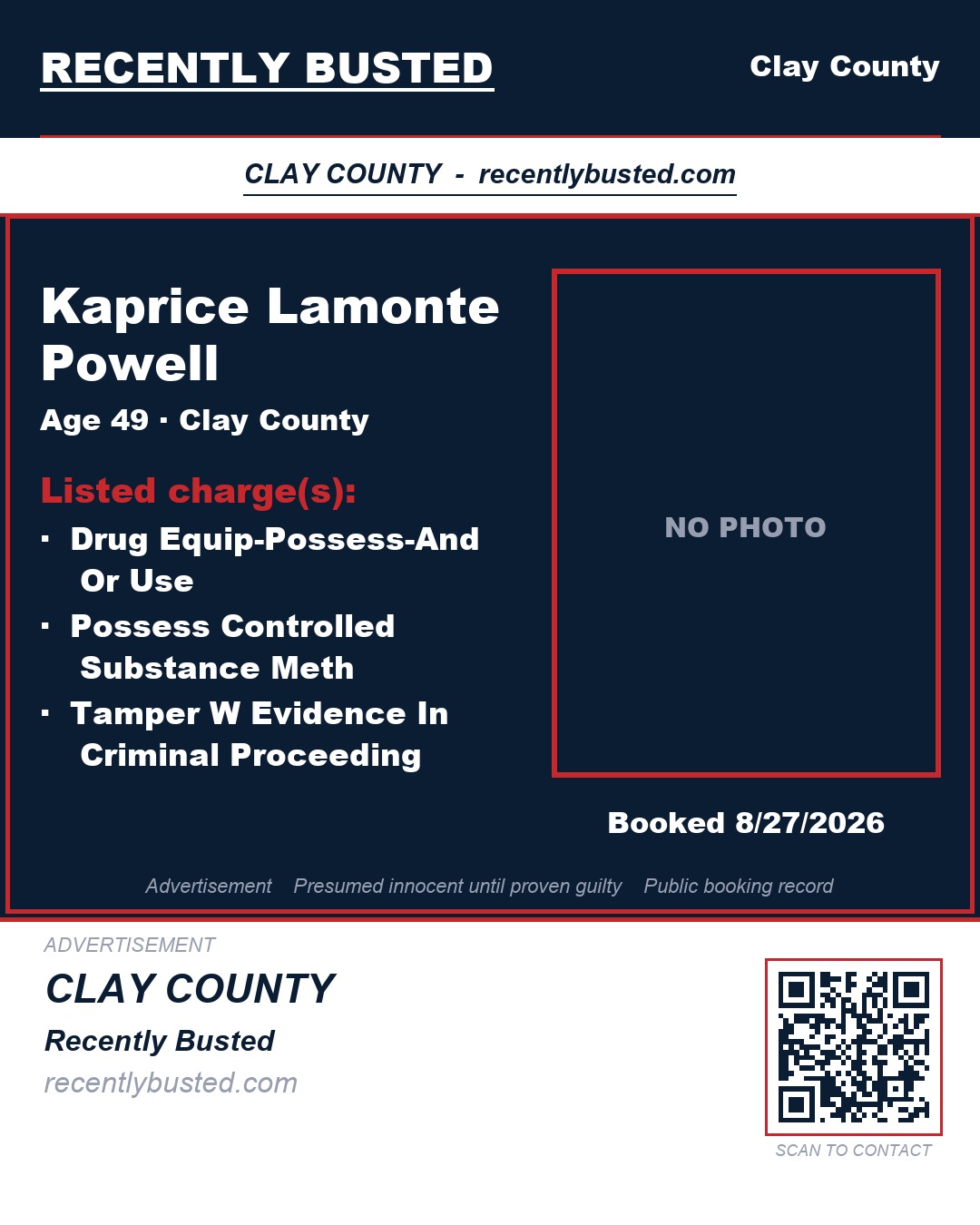 KAPRICE LAMONTE POWELL — arrest record card, Clay County, Florida