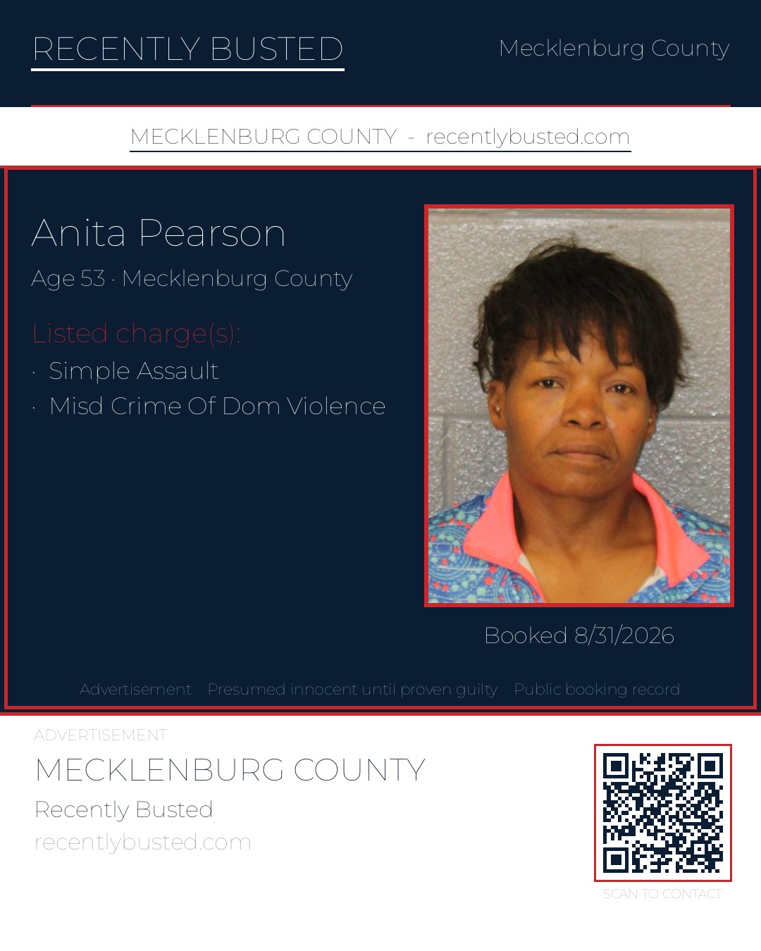 ANITA PEARSON — arrest record card, Mecklenburg County, North Carolina