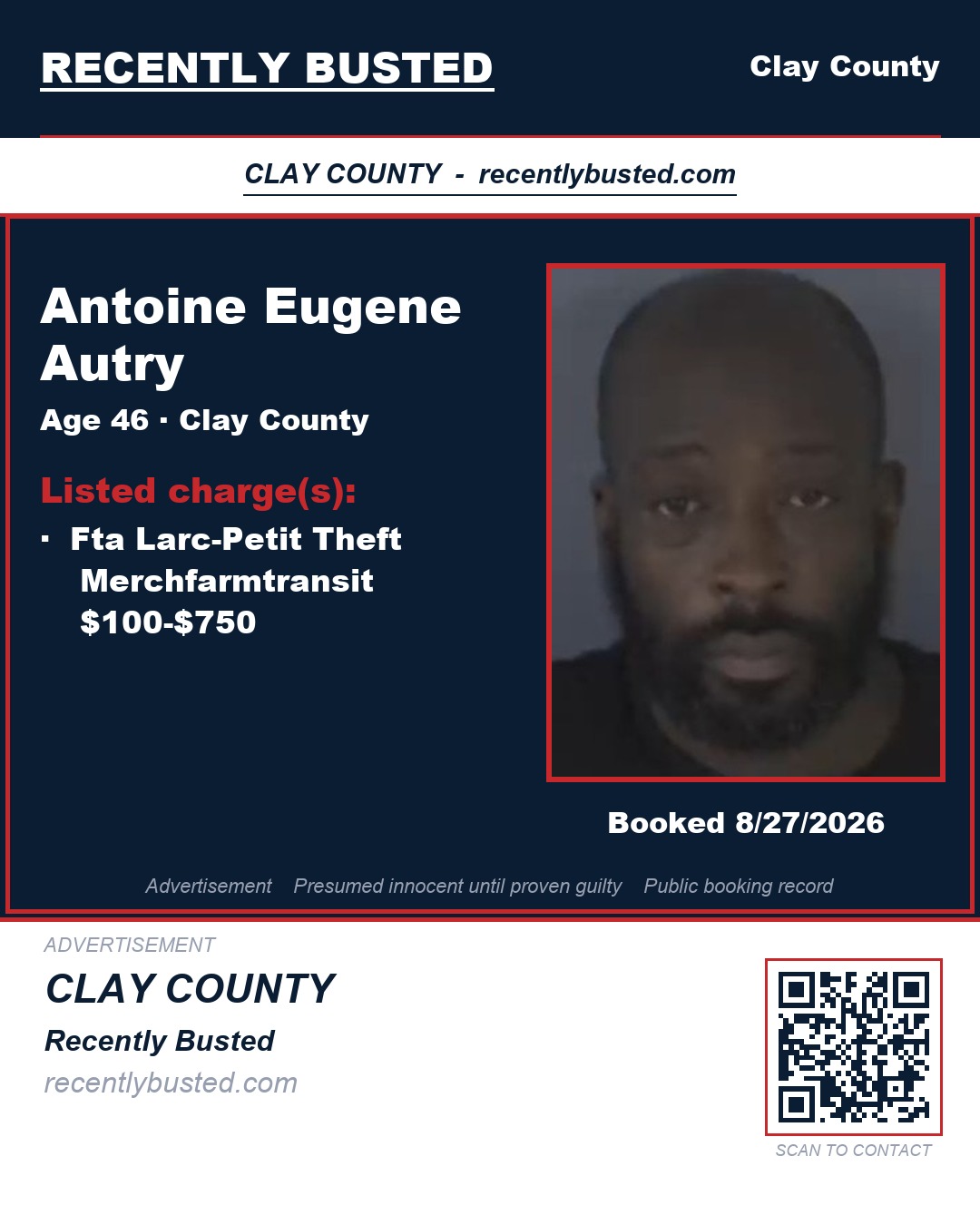 ANTOINE EUGENE AUTRY — arrest record card, Clay County, Florida