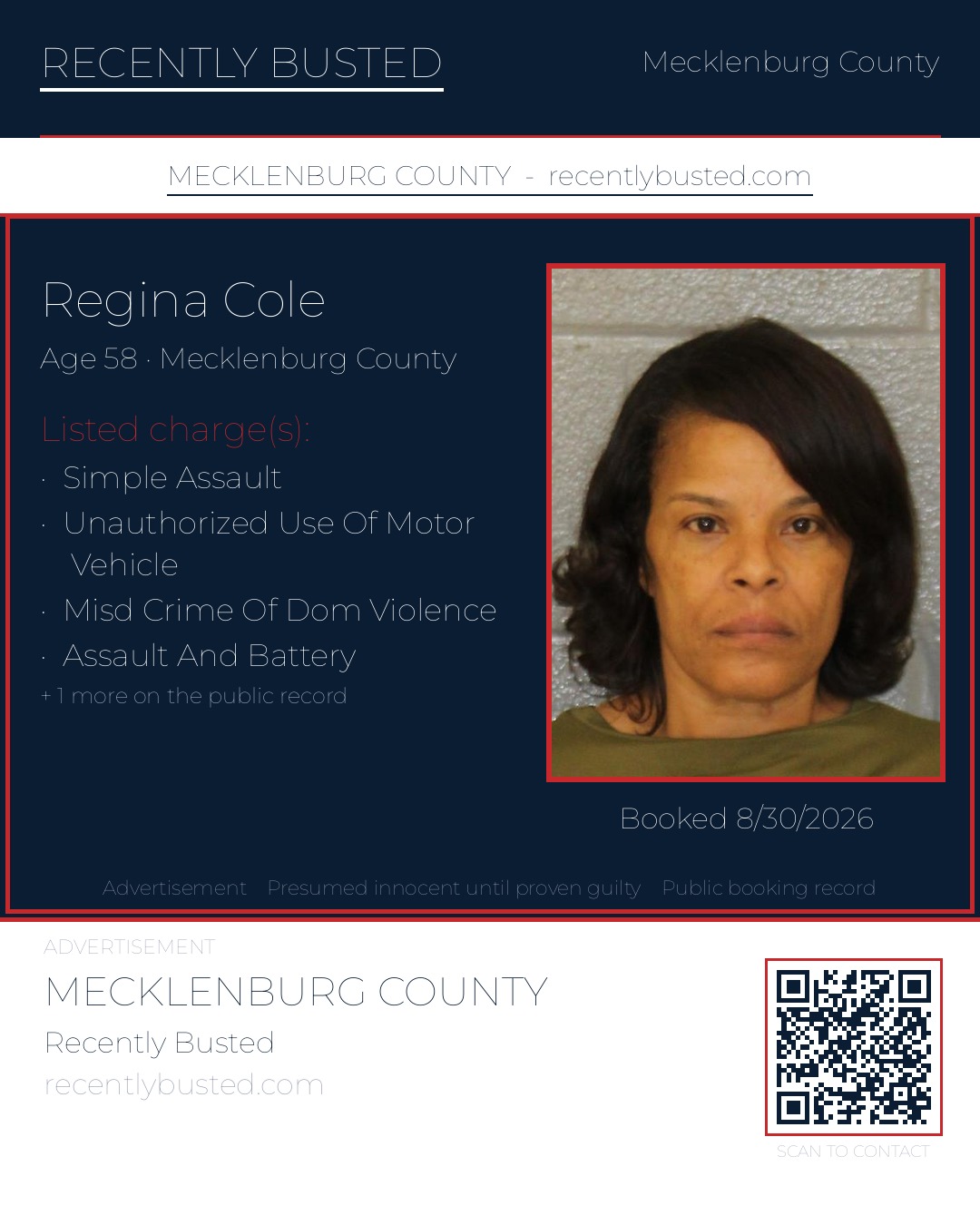 REGINA COLE — arrest record card, Mecklenburg County, North Carolina