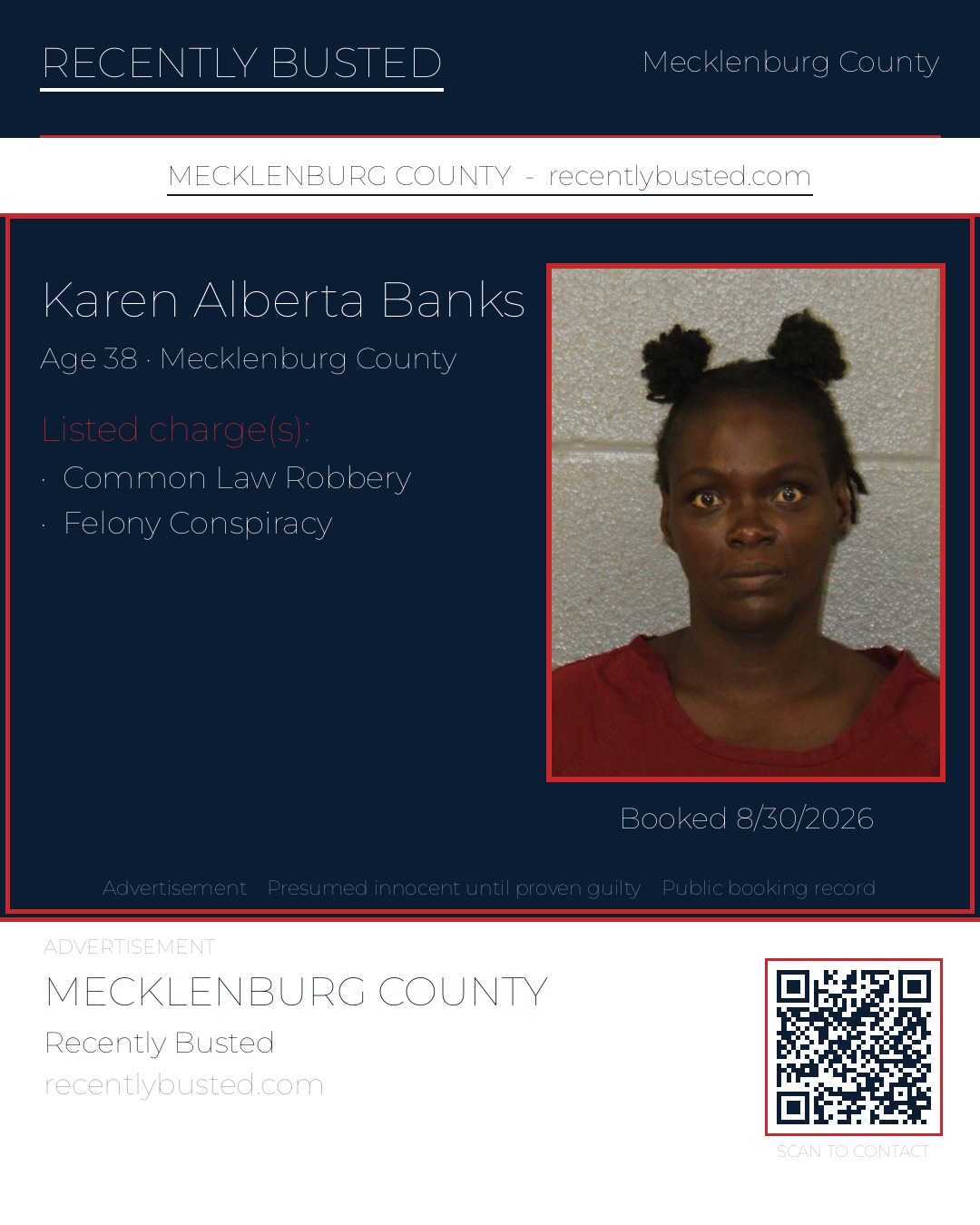 KAREN ALBERTA BANKS — arrest record card, Mecklenburg County, North Carolina