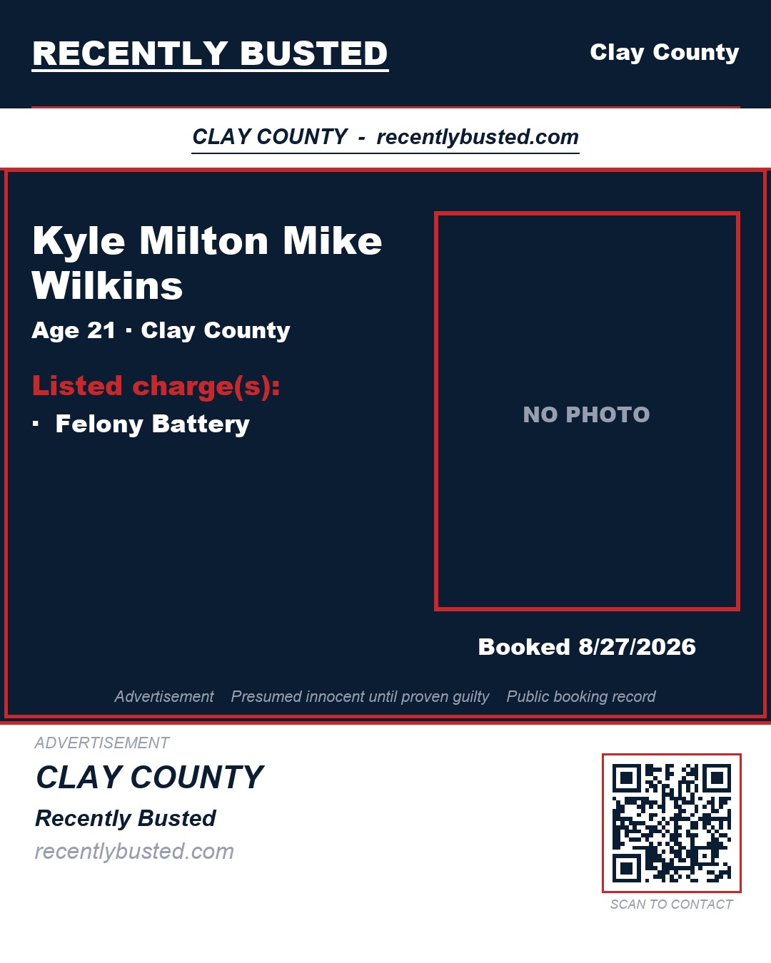 KYLE MILTON MIKE WILKINS — arrest record card, Clay County, Florida