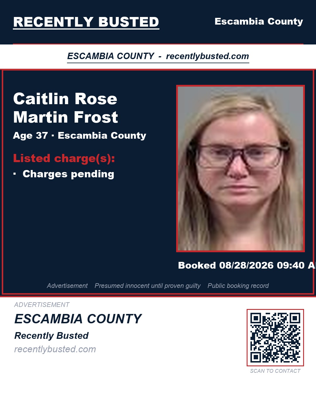 Caitlin Rose Martin Frost — arrest record card, Escambia County, Florida