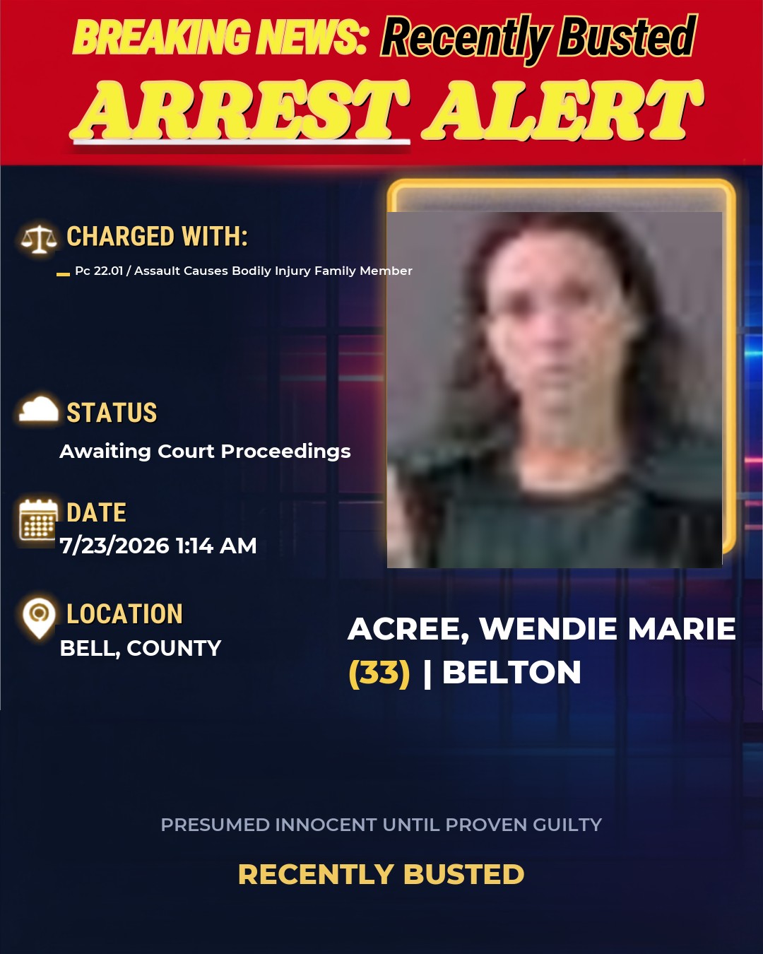 ACREE, WENDIE MARIE — arrest record card, Bell County