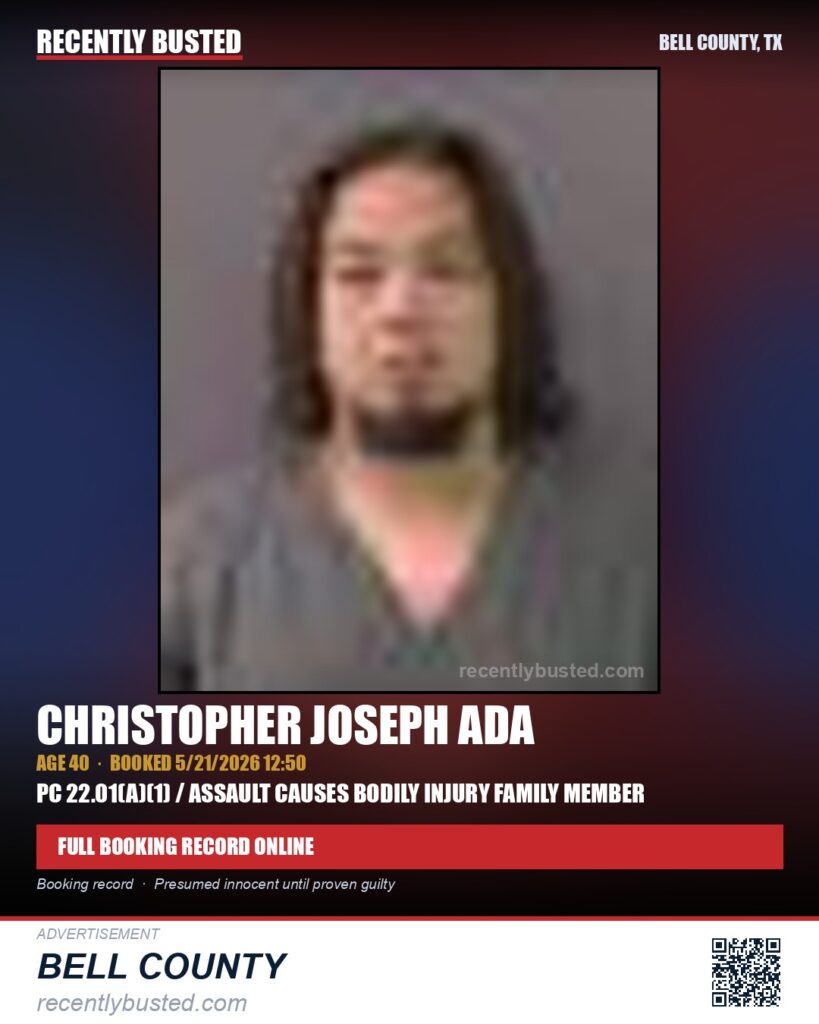 ADA, CHRISTOPHER JOSEPH — arrest record card, Bell County, Texas