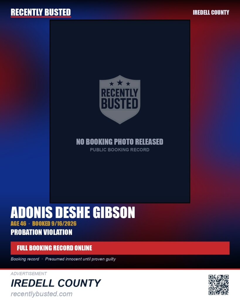 ADONIS DESHE GIBSON — arrest record card, Iredell County