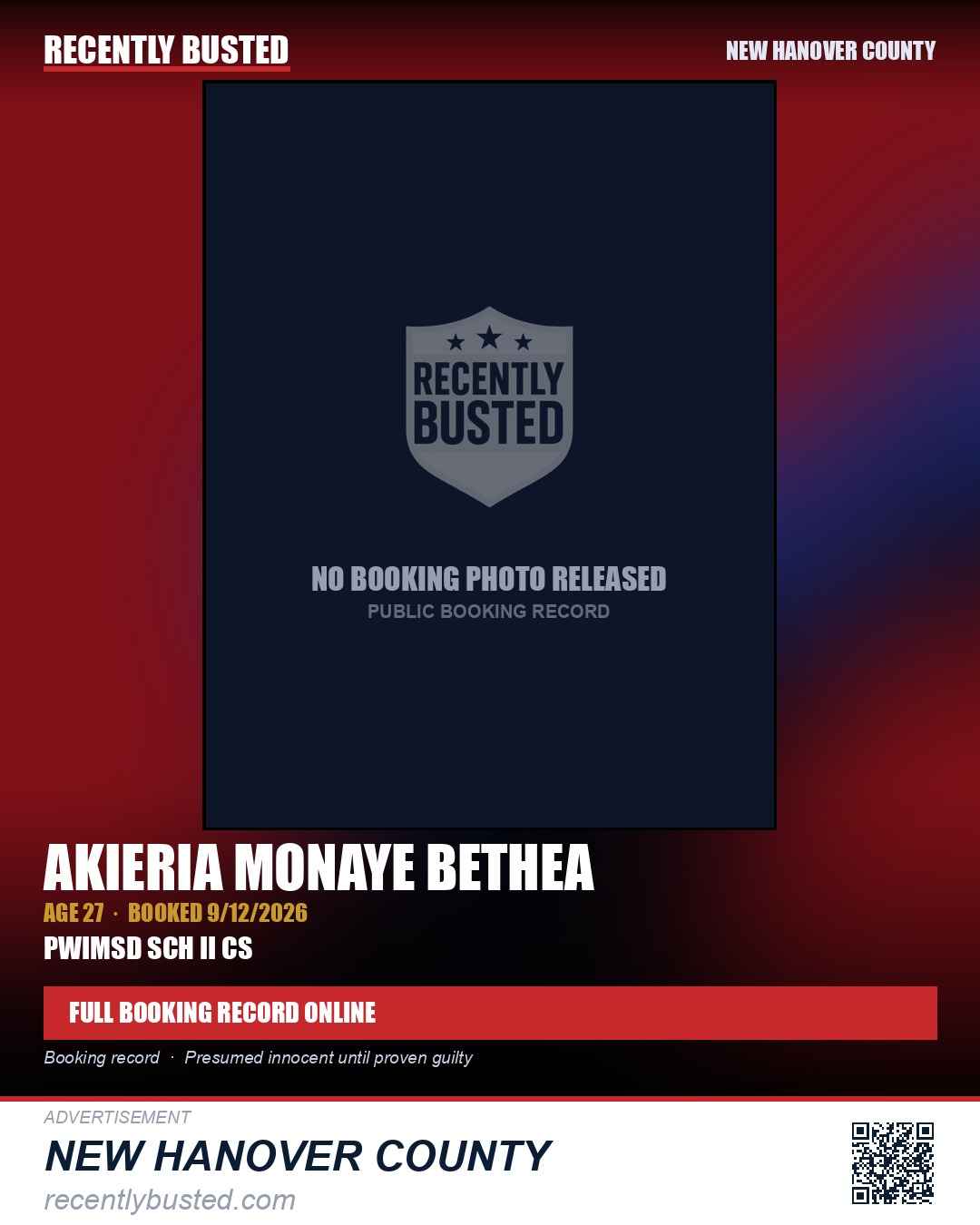 AKIERIA MONAYE BETHEA — arrest record card, New Hanover County