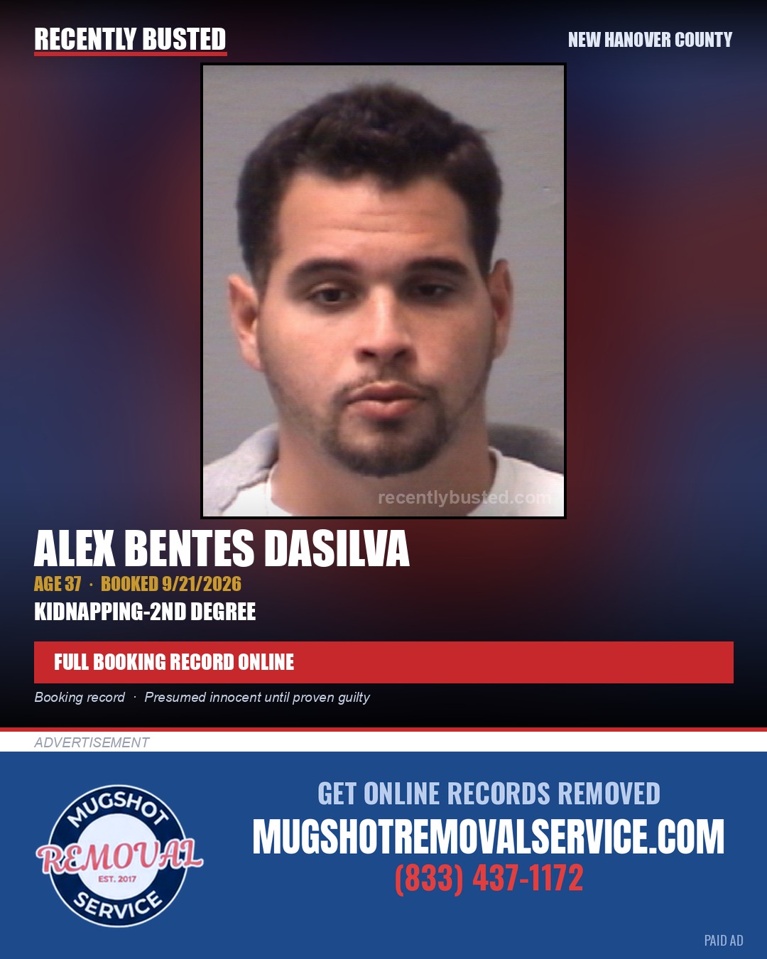 ALEX BENTES DASILVA — arrest record card, New Hanover County