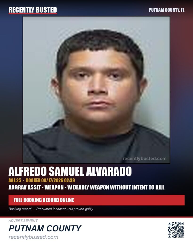 Alfredo Samuel Alvarado — arrest record card, Putnam County, Florida