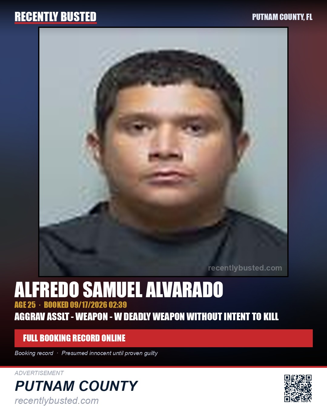 Alfredo Samuel Alvarado — arrest record card, Putnam County, Florida