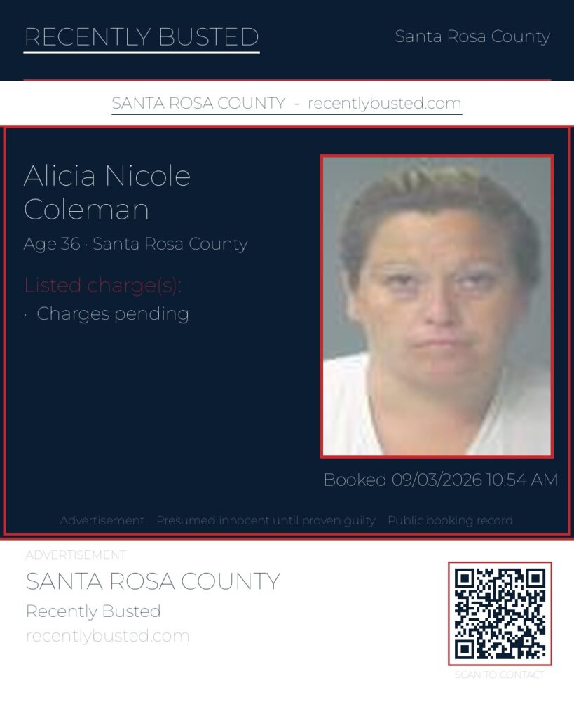 Alicia Nicole Coleman — arrest record card, Santa Rosa County, Florida