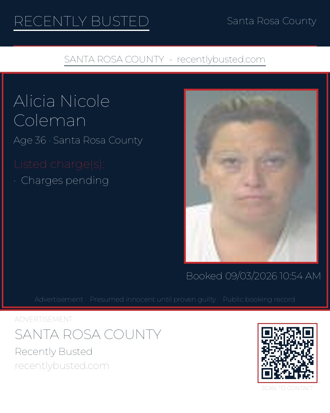 Alicia Nicole Coleman — arrest record card, Santa Rosa County, Florida