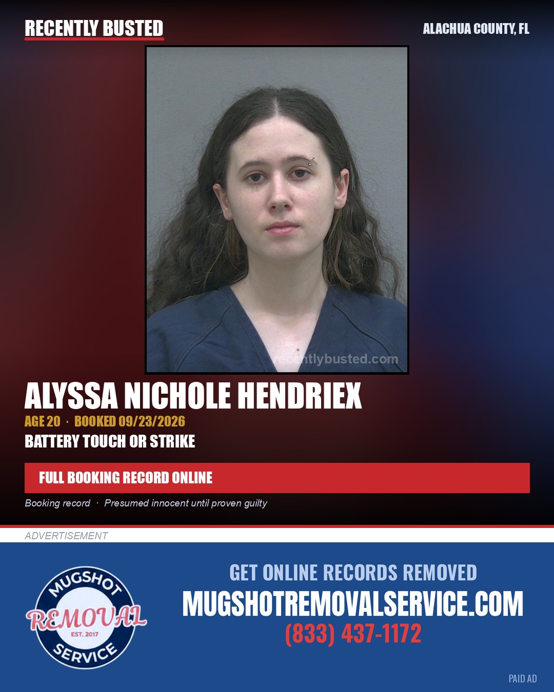 Alyssa Nichole Hendriex — arrest record card, Alachua County, Florida