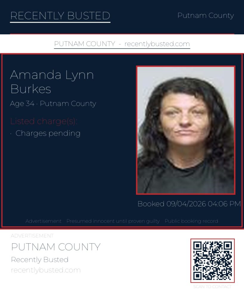Amanda Lynn Burkes — arrest record card, Putnam County, Florida