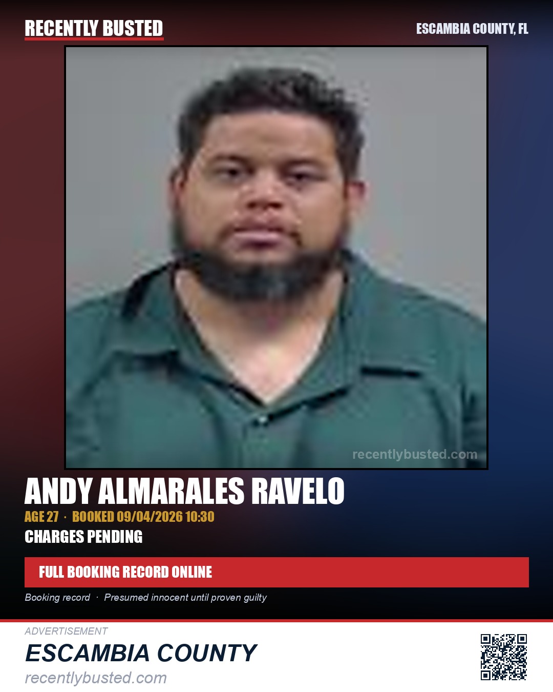 Andy Almarales Ravelo — arrest record card, Escambia County, Florida