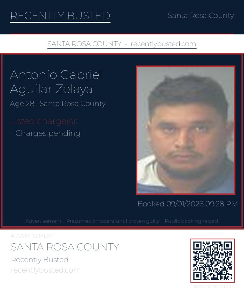 Antonio Gabriel Aguilar Zelaya — arrest record card, Santa Rosa County, Florida